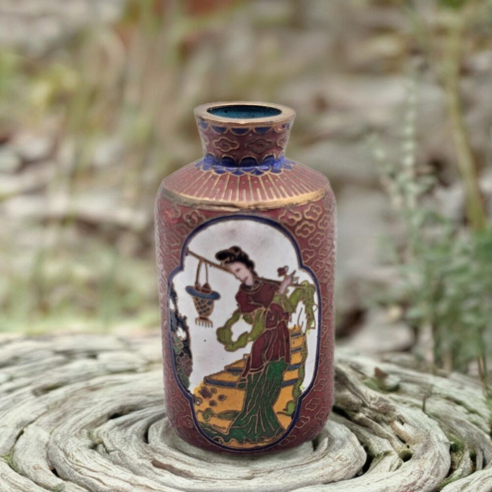 Chinese Cloisonne Enamel Miniature Hexagon Vase Brown Scenic Figure Decor